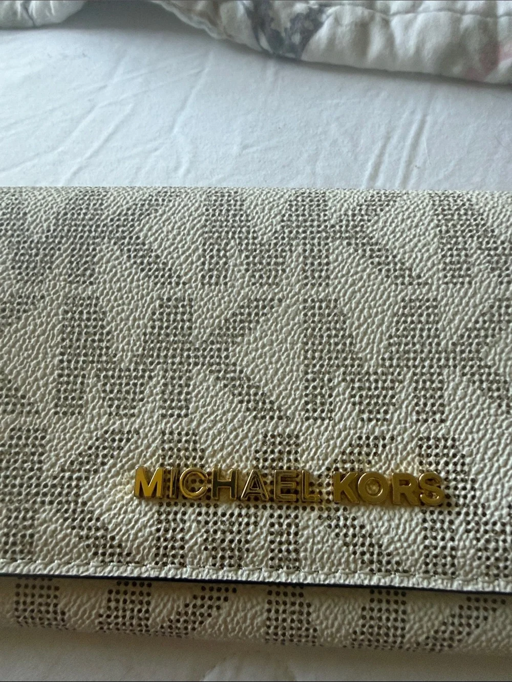 Michael Kors Cream Signature MK Logo Wallet with Gold Hardware